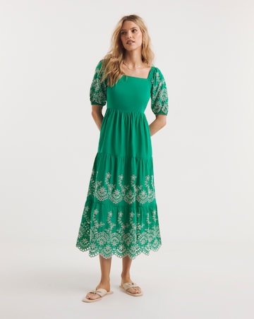 Broderie Tiered Dress With Puff Sleeves