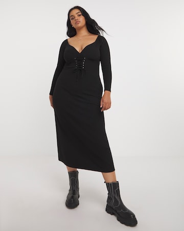 Black Corset Detail Rib Midi Dress