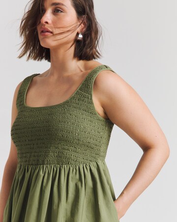 Khaki Shirred Poplin Midi Sundress