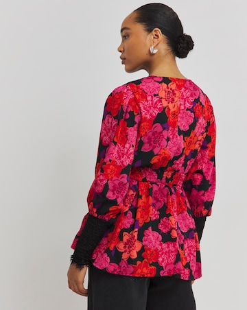 Lace Detail Shirred Waist Blouse with Puff Sleeves and Lace Cuffs