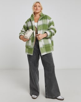 Green Funnel Neck Brushed Checked Bomber