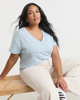 Simply Be Blue V Neck Flower Embroidery &amp; Pearls T-Shirt