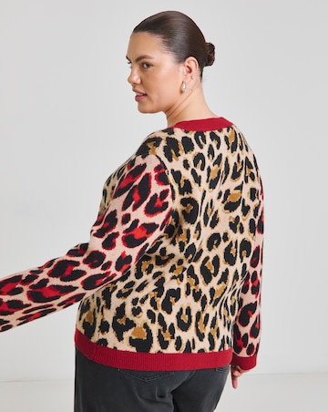 Simply Be Neutral & Red Leopard Jacquard Cardigan