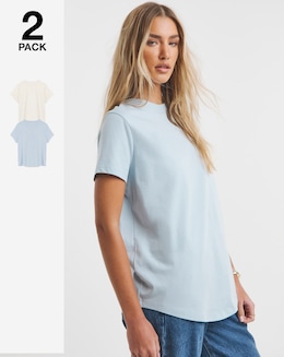 Simply Be Blue &amp; Ecru 2 Pack Curved Hem Longline Pure Cotton T-Shirts
