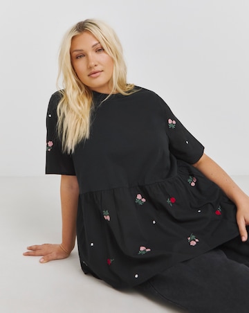 Simply Be Embroidered Red Floral Jersey Lightweight Poplin Mix Top
