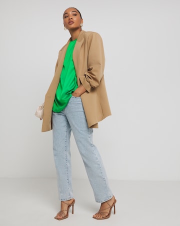 Green Satin Boxy Top With Roll Sleeve
