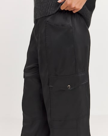 Black Stretch Satin Cargo Wide Leg Trousers