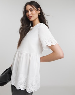 Simply Be White Broderie Detail Jersey Mix Smock Blouse