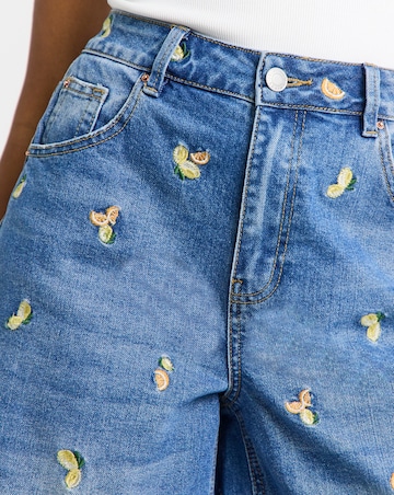 Mid Blue Fruit Embroidered Denim Bermuda Short