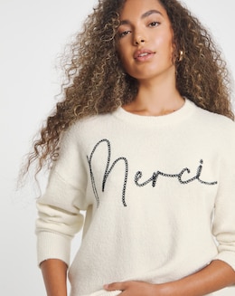 Simply Be Cream Merci Slogan Embroidered Knitted Jumper