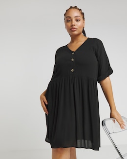 Black Crinkle Button Through Pocket Smock Dress