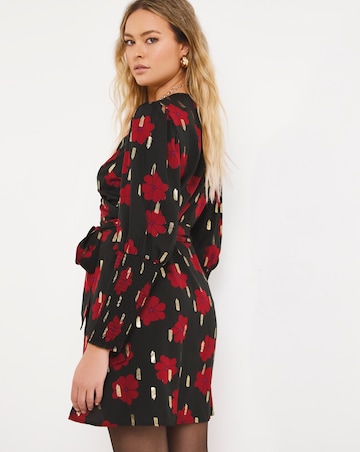 Black Floral Shirred Cuff Wrap Dress With Gold Foil