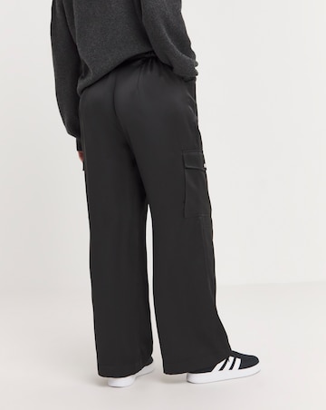 Black Stretch Satin Cargo Wide Leg Trousers