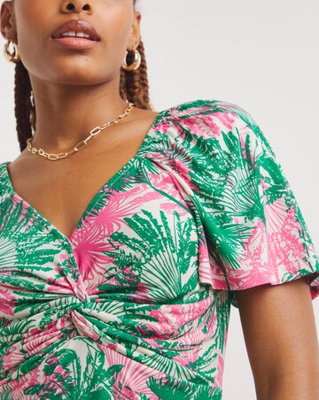 Tropical Floral Print Twist Front Skater Dress