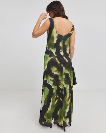 Green Print Mesh Sleeveless Scoop Back Maxi Dress