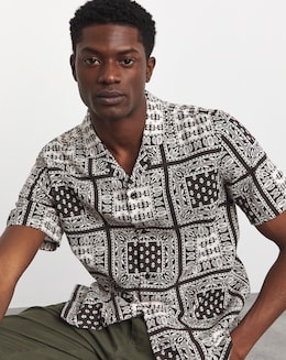 Linen Blend Bandana Print Cuban Collar Shirt