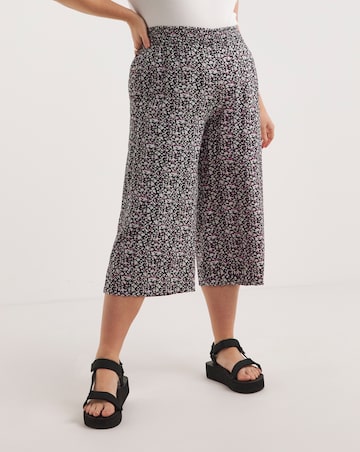 Black Ditsy Floral Lightweight Woven Shirred Waist Culotte Trouser