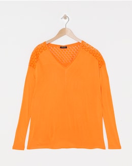 Orange V Neck Lace Back Long Sleeve Top