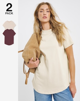 Oat &amp; Burgundy 2 Pack Pure Cotton Curved Hem T-Shirts