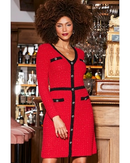 Sosandar Red Tweedy Knit Button Shift Dress