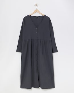 Charcoal Waffle Button Up Midi Dress With Pockets