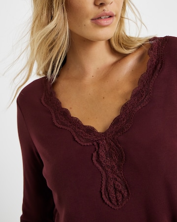 Burgundy Cosy Long Sleeve Lace V Neck Top