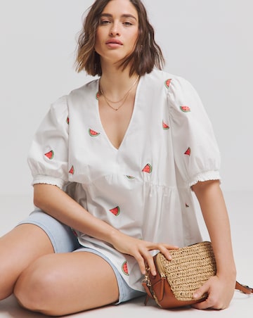 Simply Be Ivory Poplin Watermelon Embroidered Puff Sleeve Blouse