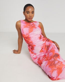 Simply Be Pink And Red Floral Print Mesh Maxi Dress