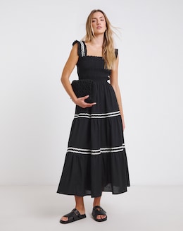 Black Shirred Midi Dress with Scallop Detail