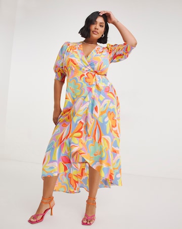 Abstract Print Ruffle Front Wrap Midi Dress