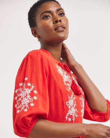 Linen Mix Embroidered Midi Dress With Tassel Neck Tie