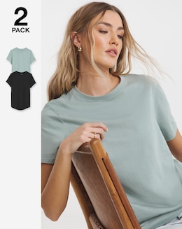 Simply Be Black &amp; Sage 2 Pack Pure Cotton Curved Hem Longline T-Shirts
