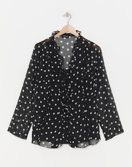 Black Spot Tie Detail Ruffle Blouse