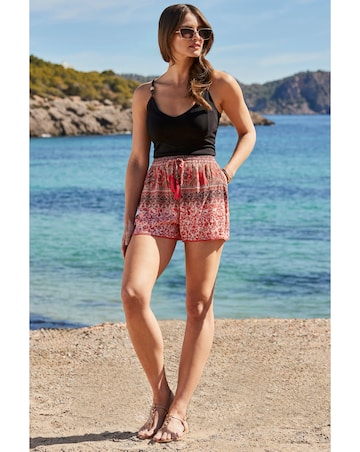Sosandar Red Scarf Print Tassel Detail Shorts