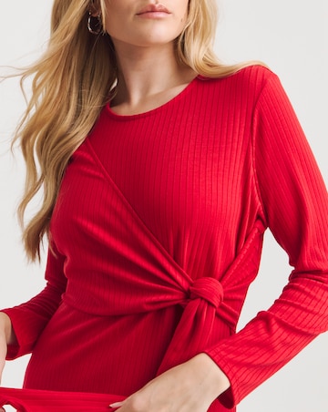 Red Ribbed Wrap Midi Dress