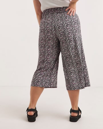 Black Ditsy Floral Lightweight Woven Shirred Waist Culotte Trouser