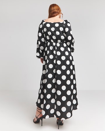 Flounce London Long Sleeve Black White Spot Midaxi Dress