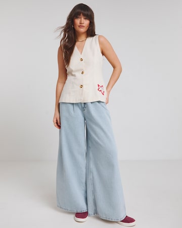 Native Youth Cream Longline Linen Mix Waistcoat