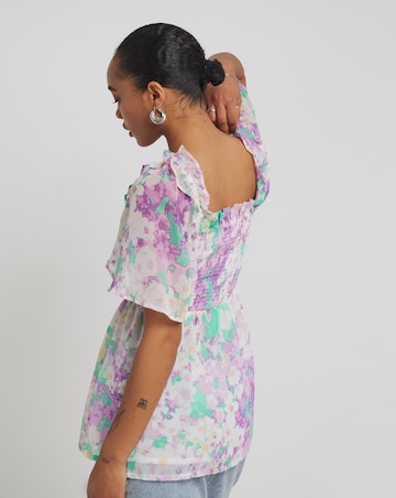 Floral Print Occasion Shirred Square Neck Blouse