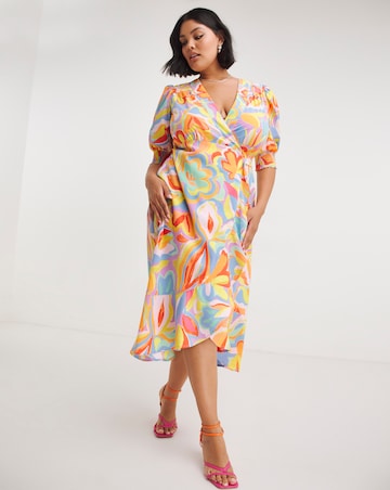 Abstract Print Ruffle Front Wrap Midi Dress