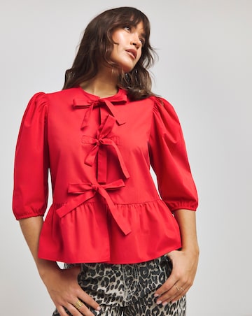 Tie Front Puff Sleeve Smock Top