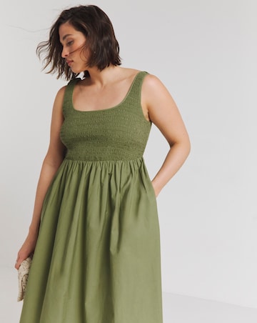 Khaki Shirred Poplin Midi Sundress
