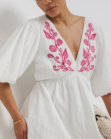 Simply Be White and Pink Embroidered Smock Dress