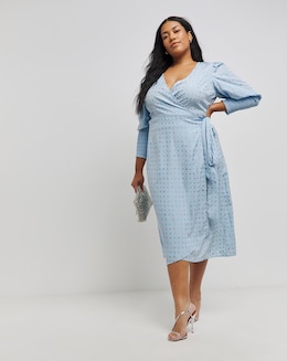 Blue Rainbow Foil Wrap Midi Dress With Shirred Sleeve