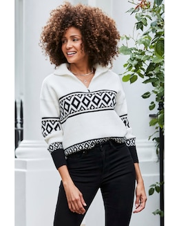 Sosandar Zip Neck Aztec Stud Deatil Jumper
