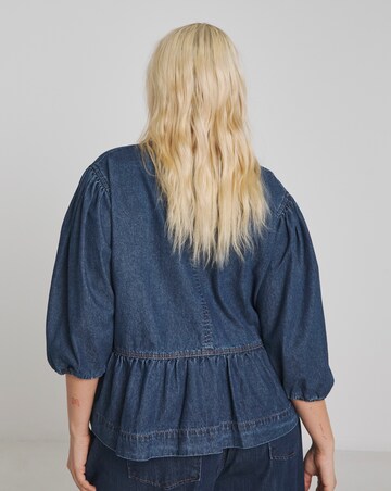 Dark Blue Tie Front Denim Peplum Blouse
