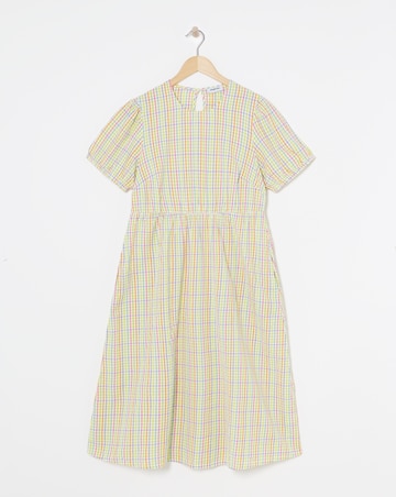 Textured Gingham Midi Dress With Pockets