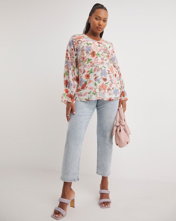 Ivory Floral Print V Neck Long Sleeve Chiffon Blouse