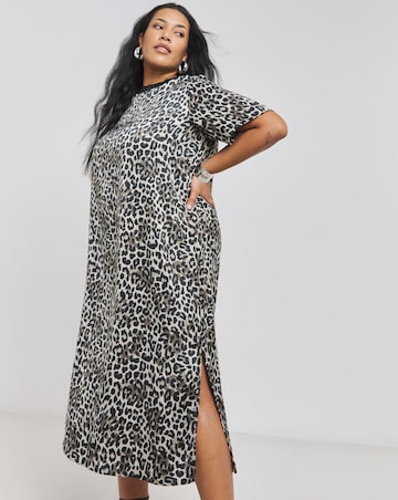 Leopard Print Satin Midi T-Shirt Dress