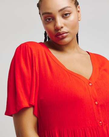 Red Crinkle Button Through Maxi Dress with Pockets